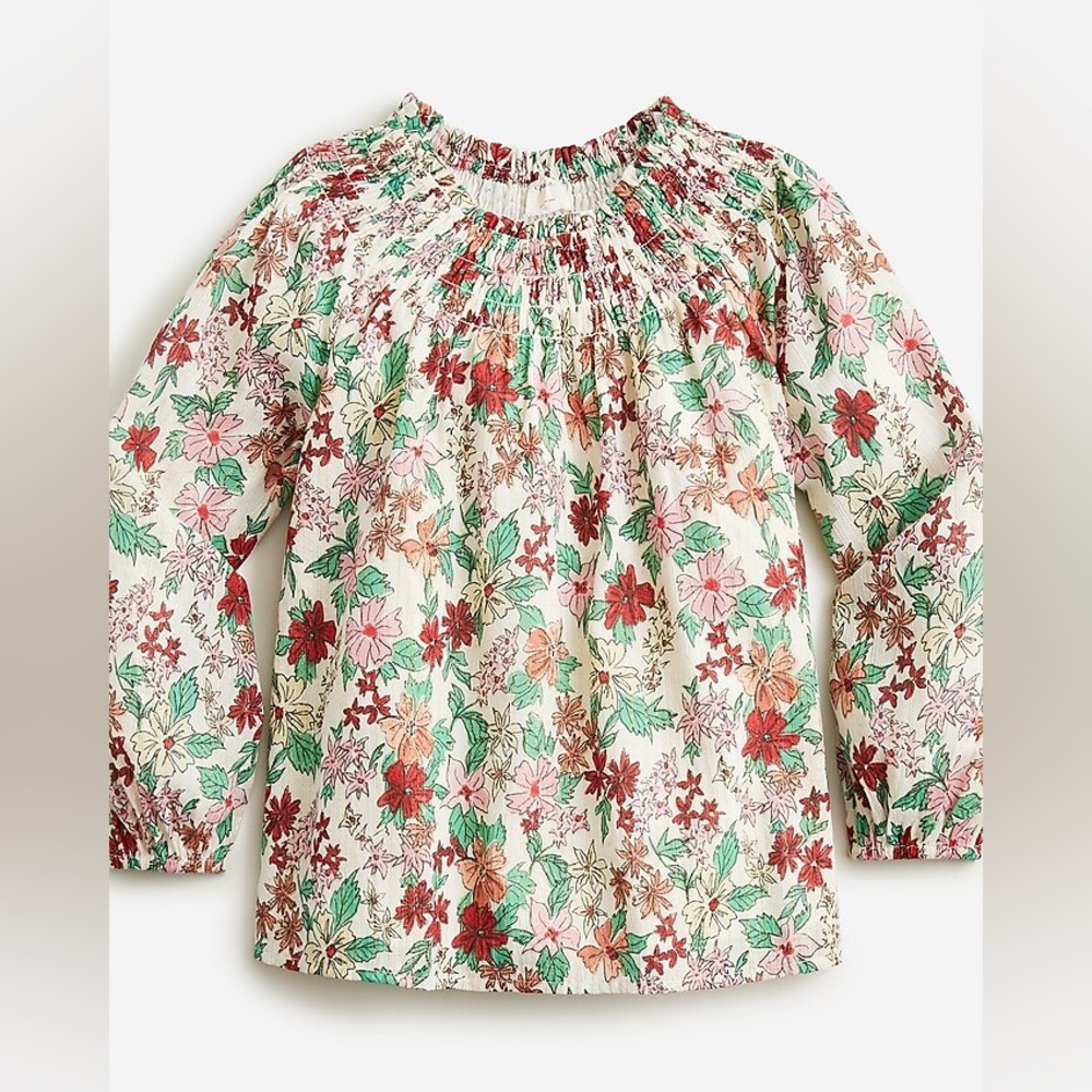 $13 ADD ON Crewcuts Christmas top Long Sleeve Smocked Poinsettia‎ Print Metallic